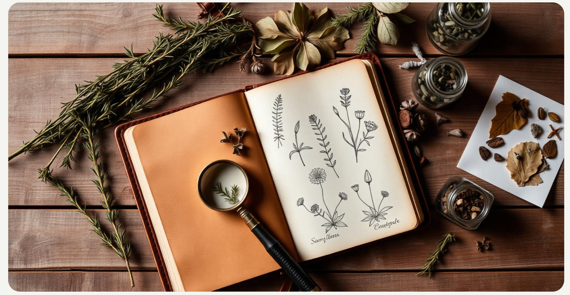 A leather field journal with hand-drawn botanical sketches, dried rosemary, and a brass magnifying glass on a rustic wooden table.
